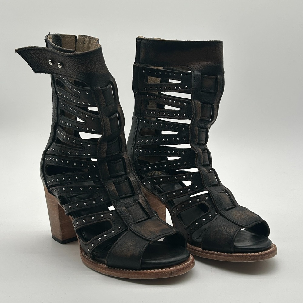 Freebird by Steven Lotus Black Leather Studded Gladiator Boots Womens Size 8